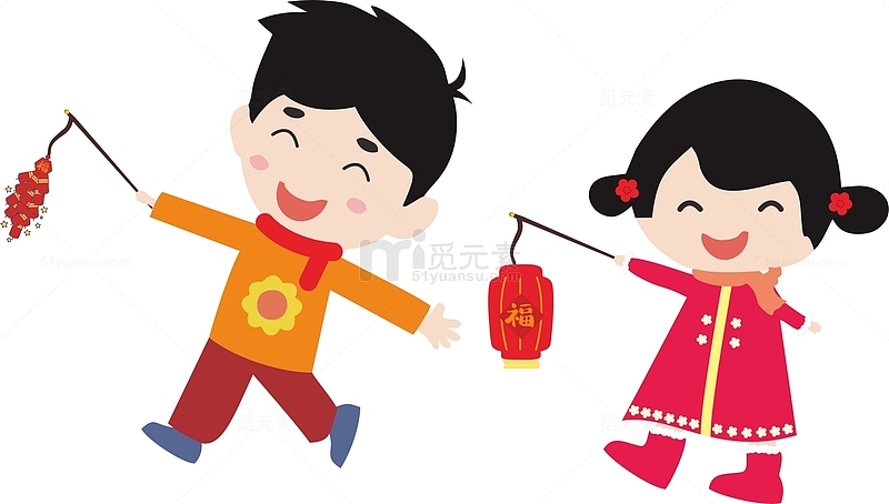 红色衣服小孩在冬天的新年里提着灯笼放鞭炮