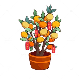 黄色+手绘+橘子树苗+红包+吉祥