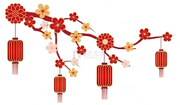 中国风新年喜庆梅花枝头灯笼矢量素材