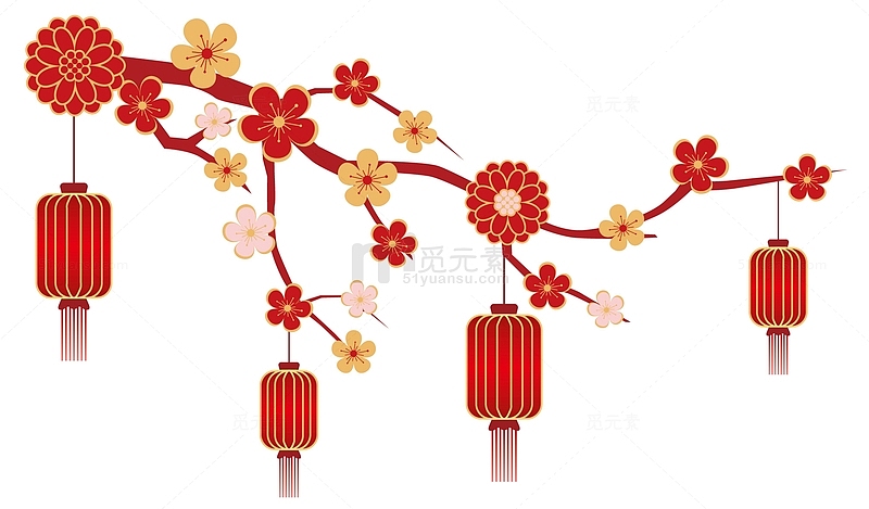 中国风新年喜庆梅花枝头灯笼矢量素材