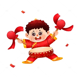 手绘卡通开门红之打鼓的男孩免抠元素