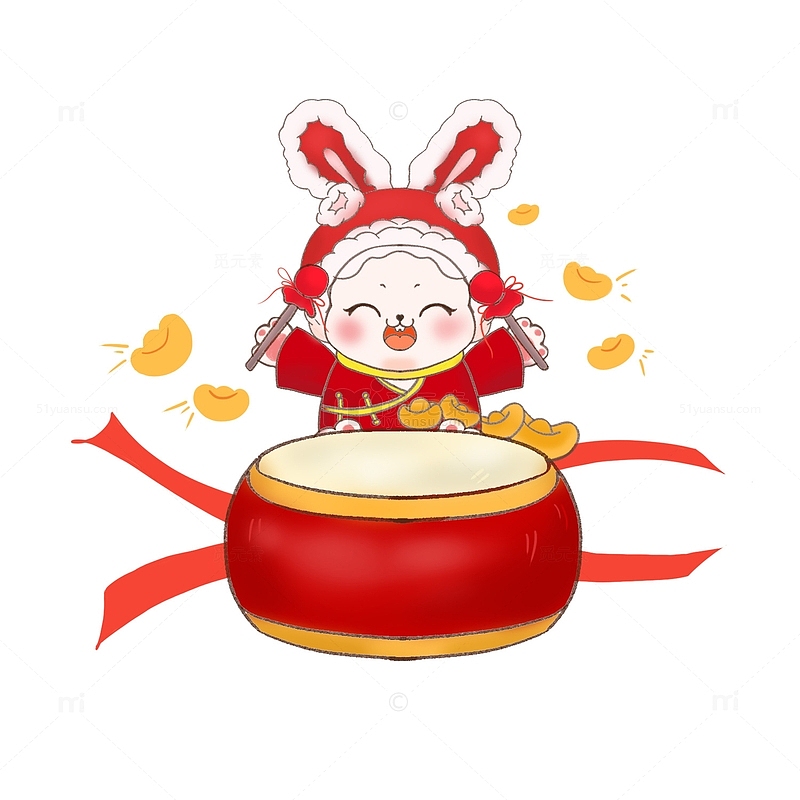 开门红喜庆新年小兔击鼓手绘图