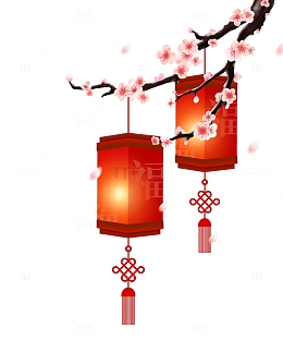 手绘梅花树枝挂灯笼顶部海报装饰元素
