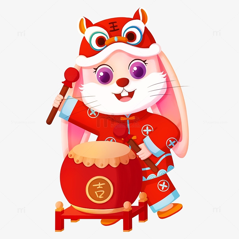 春节兔子击鼓吉祥开门大吉新年喜庆红色手绘