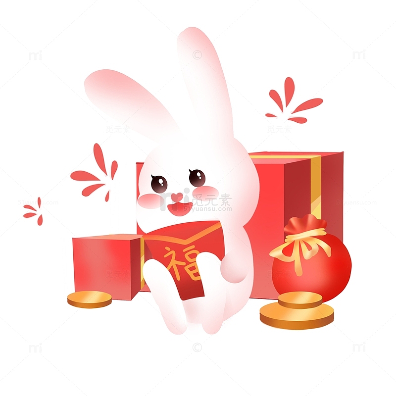 红色新年兔子卡通形象红包金钱迎新春元素