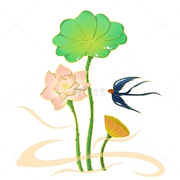 国潮 绿色 荷花 荷叶 燕子 手绘图
