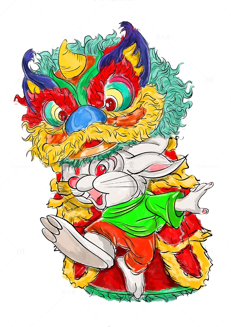 国风国潮兔年舞狮醒狮手绘新春贺年春节
