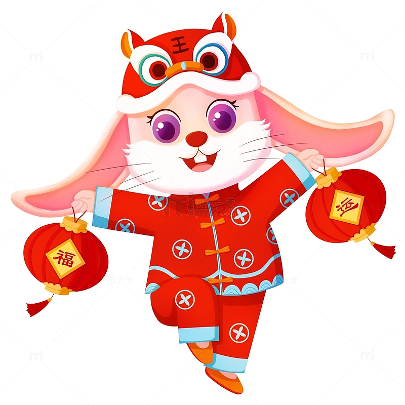 红色春节兔子提灯笼喜庆新年福运兔年手绘