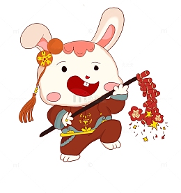 红色喜庆春节兔子放鞭炮新年过年手绘元素