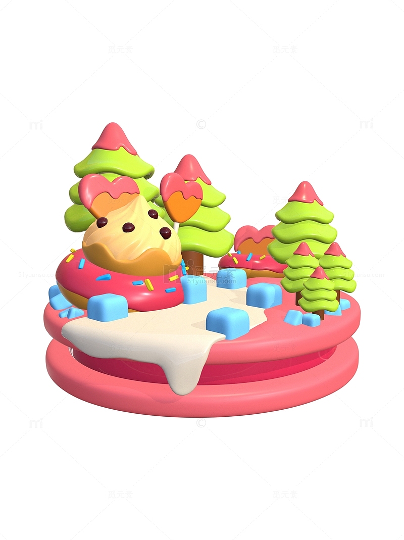 粉色卡通甜品森林3D素材