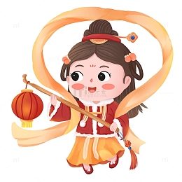 红色古风女孩手提灯笼开门红手绘元素