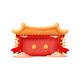 手绘喜庆红色屋檐建筑大门装饰元素