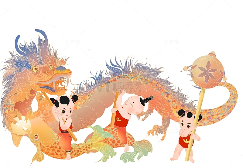橙色国潮节日孩童舞龙手绘元素