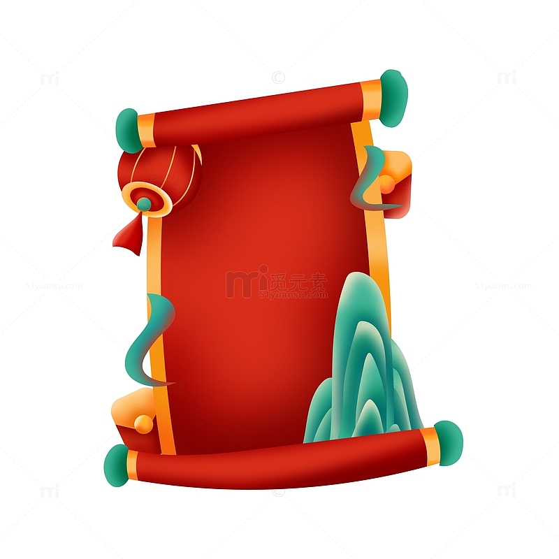 手绘红色卷轴红包灯笼装饰元素