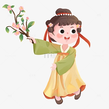 绿色小清新古风女孩手拿花朵春天郊游踏青