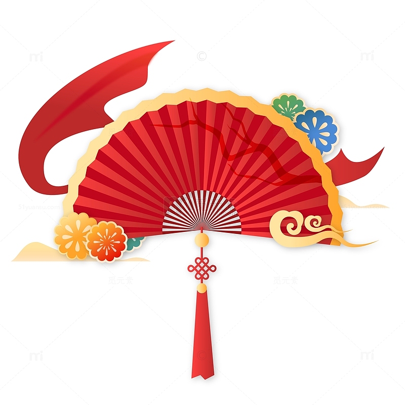 红色中国风传统扇子纹理装饰元素插画