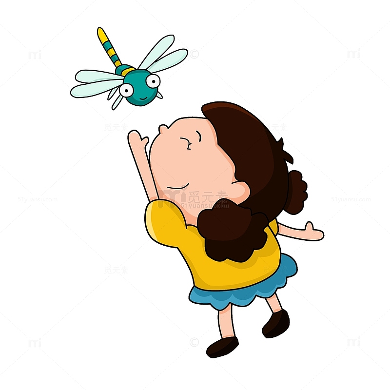春天捉蜻蜓的可爱卡通小女孩人物元素