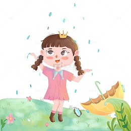 绿色扁平风春天女孩下雨郊外踏青手绘图