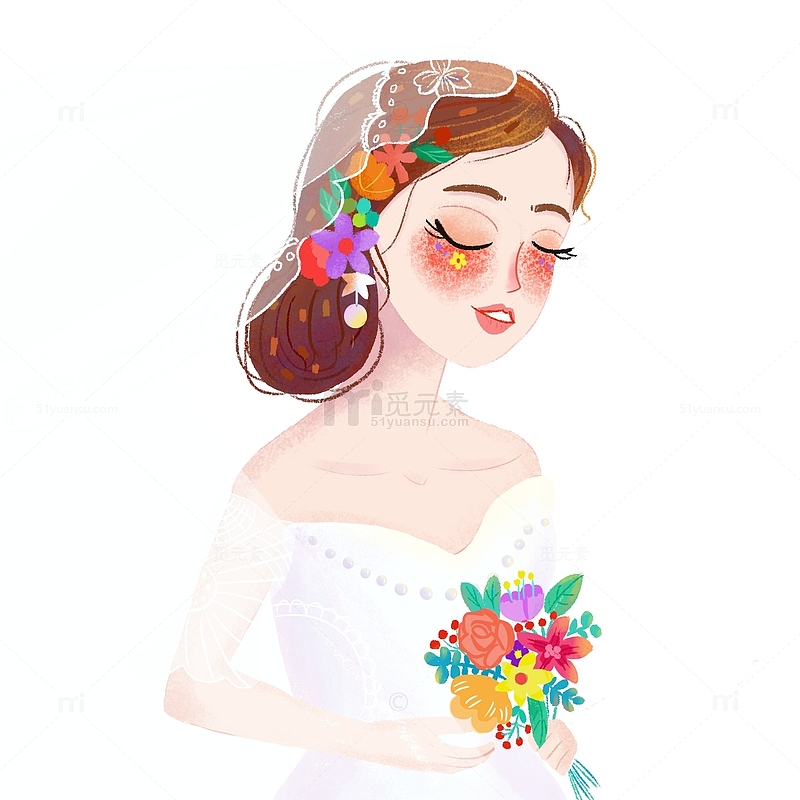 白色小清新情人节新娘穿婚纱手捧鲜花手绘图