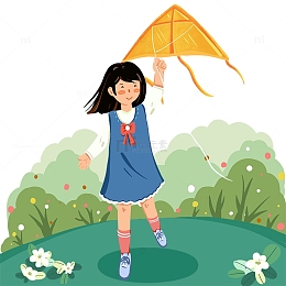 小清新扁平风春天初春小女孩草坪放风筝