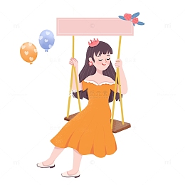 橙色小清新春天女孩荡秋千郊游户外手绘图