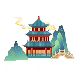 青绿山水国潮风建筑