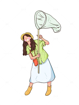 绿色春天郊游踏青小女孩手绘图