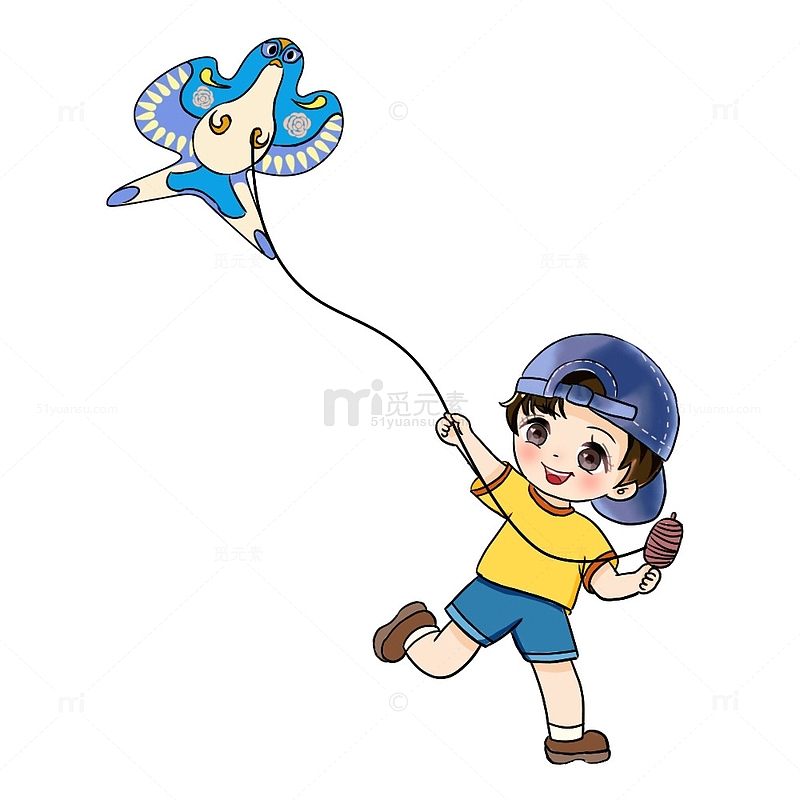 Q版可爱放风筝的小男孩春天手绘图