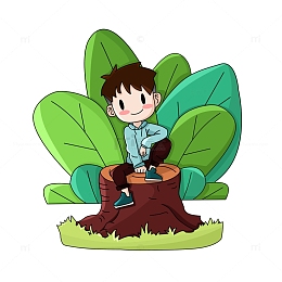 春天树桩草丛场景卡通可爱男孩元素