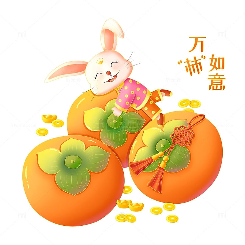手绘春节喜庆兔子万事如意柿子元宝中国结