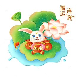 喜庆兔子抱福袋福运连连春节莲花锦鲤荷叶