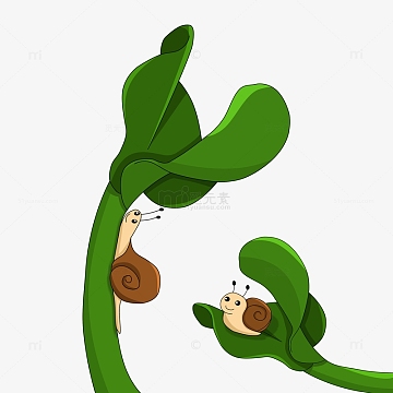春天爬叶子的卡通可爱蜗牛