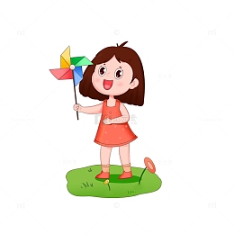 春天女孩在草地上玩风车免抠元素