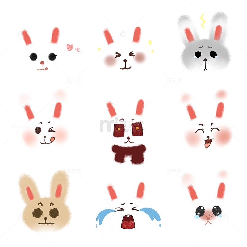 白色不同表情兔子表情包手绘