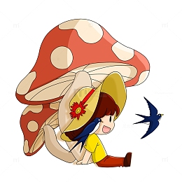 春天燕子蘑菇草帽女孩场景手绘卡通图