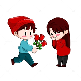 情人节Q版送花情侣卡通手绘图