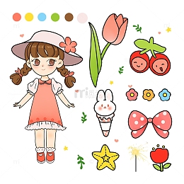 粉色可爱卡通女孩春天主题贴纸手账手绘图
