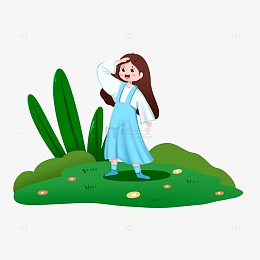 女孩春天在草地上眺望远方