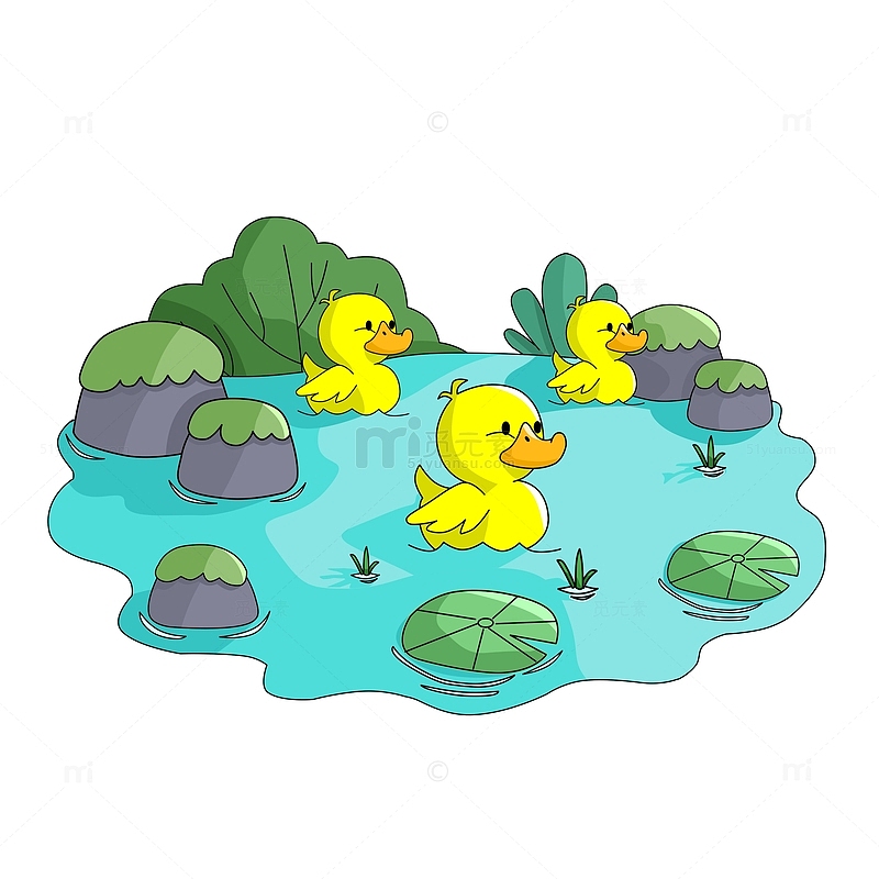 春天池塘草丛可爱鸭子嬉水卡通手绘图