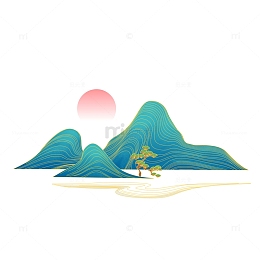 青绿国潮山水线条手绘图