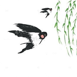 水墨风燕子柳树叶小清新装饰元素