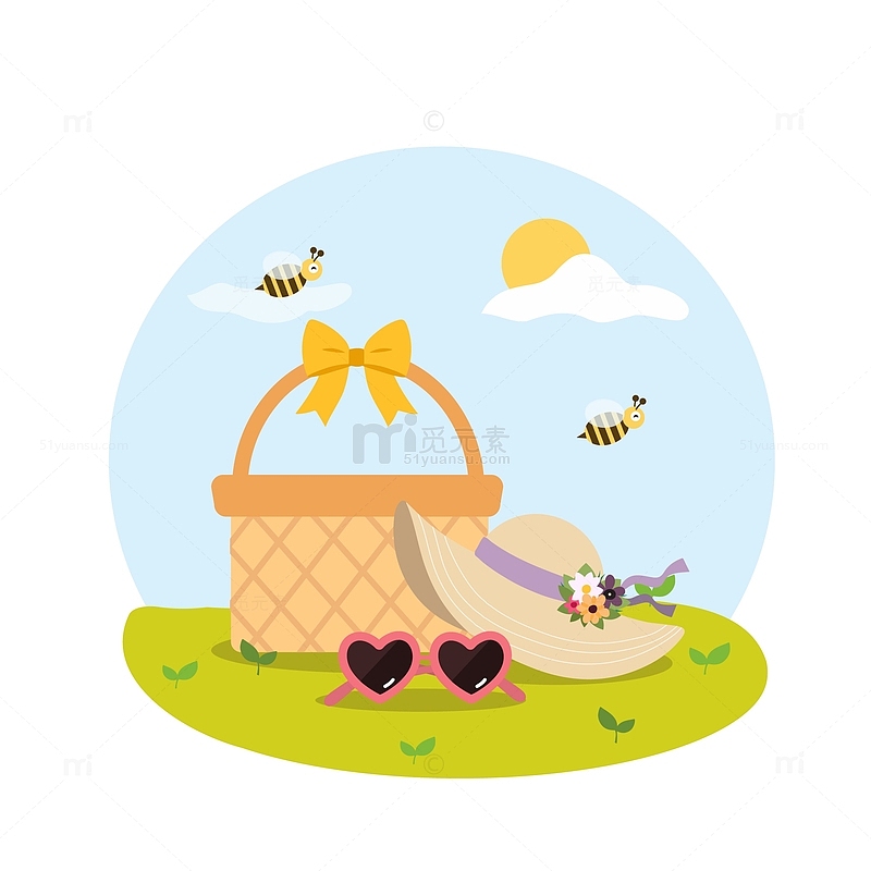 小清新春天野餐太阳帽蜜蜂墨镜草地手绘元素