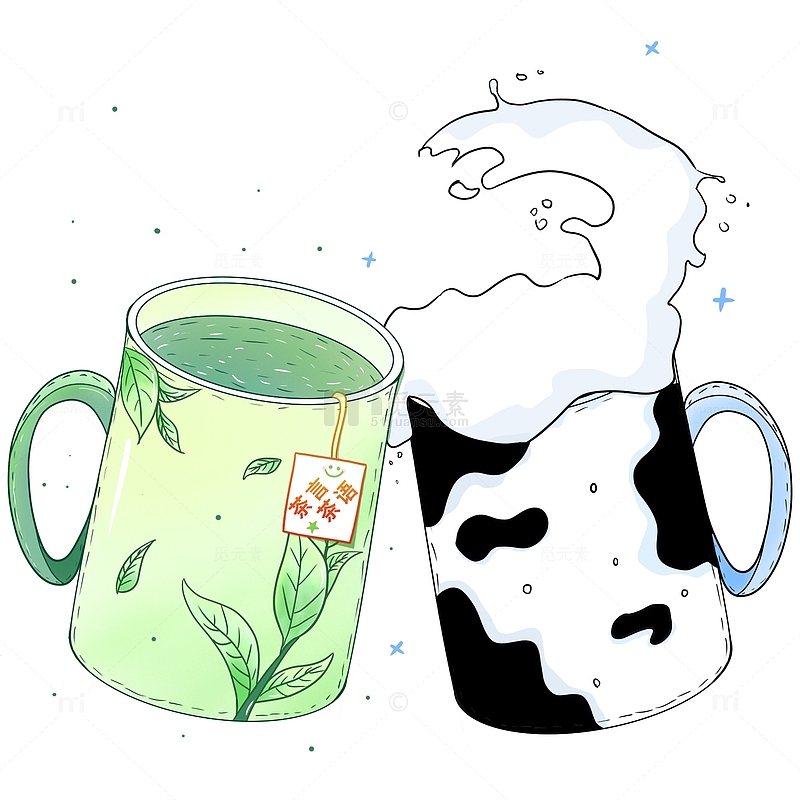 绿色小清新饮品美食牛奶茶叶手绘元素