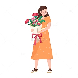 扁平插画捧着一束花的女生人物素材