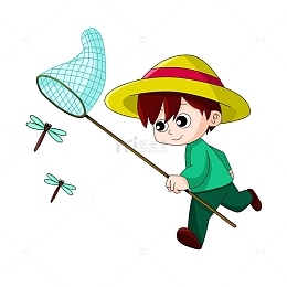 春天捉蜻蜓的卡通男孩元素