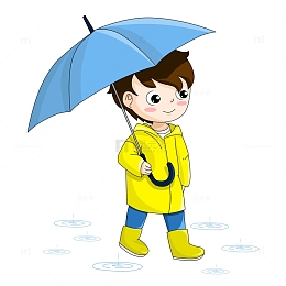 雨水节气撑伞穿雨衣在雨中行走的卡通男孩