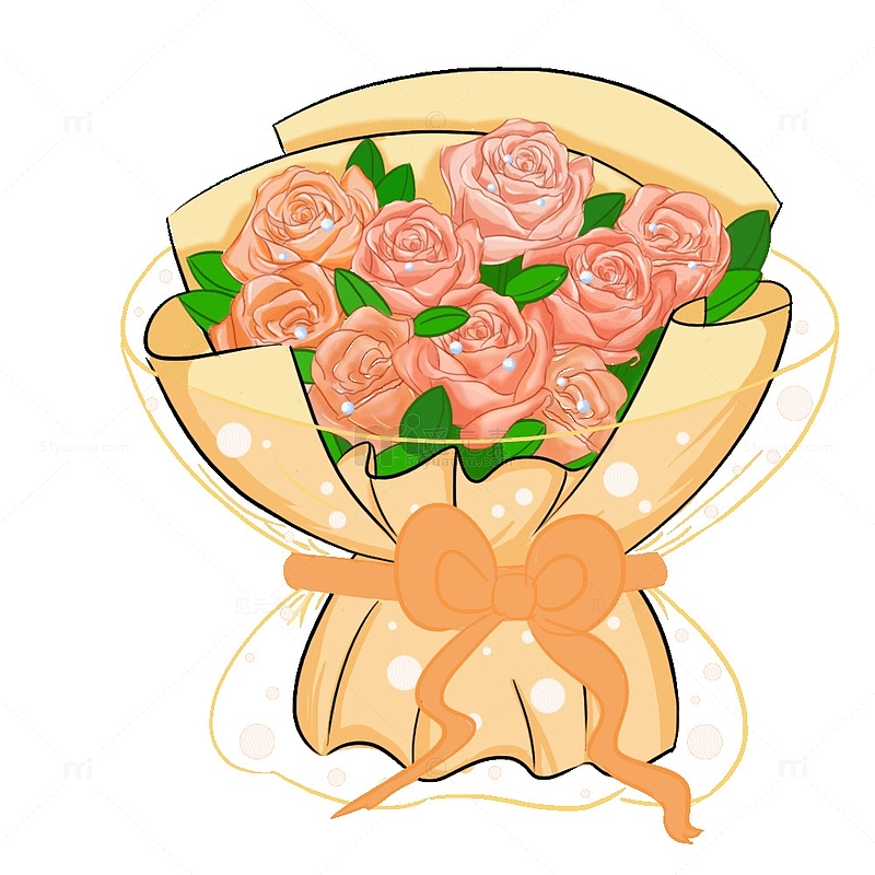 玫瑰花束橙色玫瑰节日花束手绘图