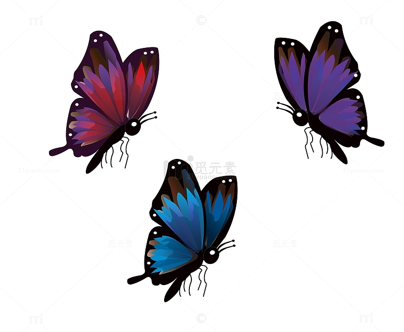 红色紫色蓝色渐变蝴蝶昆虫飞行春天卡通图