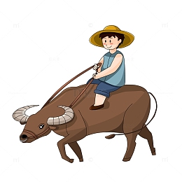 骑牛春耕牧童春天人物场景卡通手绘图