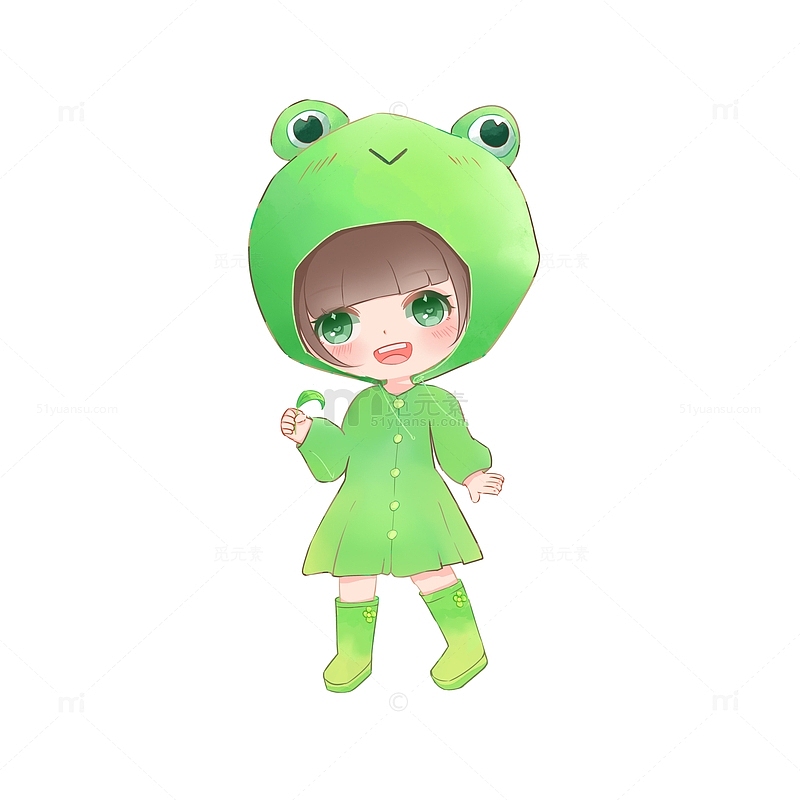 小清新手绘穿青蛙雨衣女孩人物